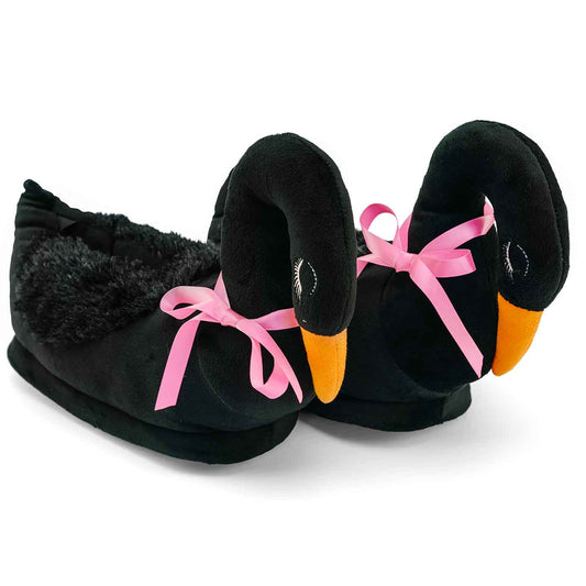schwan Hausschuhe schwarz mit rosa Schleife Paar Frontansicht